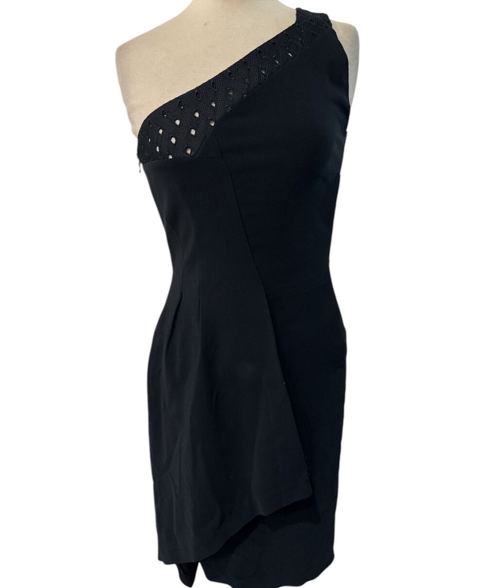 Roland Mouret One-Shoulder Black Lattice Bodice Draped Dress SZ 8